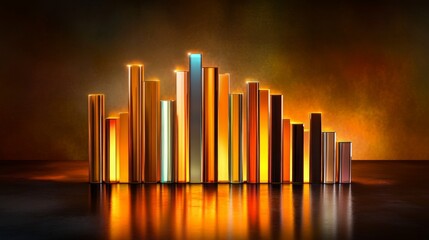 Poster - A futuristic financial bar chart with glowing bars in metallic tones, displayed on a reflective surface with subtle digital elements in the background