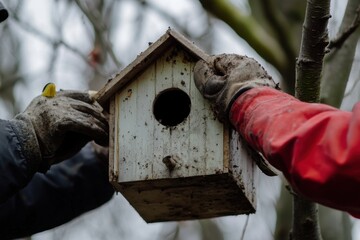 Crafting a birdhouse together in a tree during a cloudy afternoon