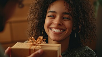 Wall Mural - close-up of person sharing heartfelt smile while giving gift symbolizing generosity and joy in relationships