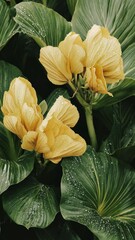 Wall Mural - Beautiful yellow flowers bloom among lush green foliage after a gentle rain shower in a serene garden setting