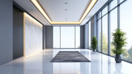 Aufkleber - A spacious modern hallway featuring sleek design elements, large windows allowing natural light to flood in, and a stylish rug adding a pop of color