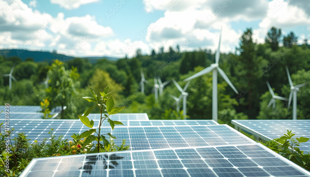 Solar Panels and Wind Turbines in Green Landscape: Renewable Energy ...