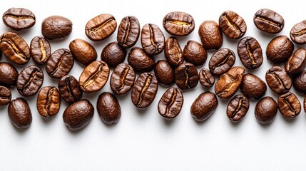 Wall Mural - Roasted coffee beans border on white background, overhead shot, food design element.