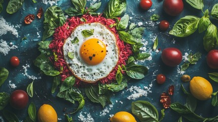 Wall Mural - A vibrant display of Pad Kra Pao, featuring minced meat stir-fried with holy basil and chilies, served with a fried egg on top and jasmine rice on the side