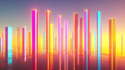Leinwandbilder - Bright gradient D bars rising from a digital floor with soft reflections, creating a futuristic data display on a neutral backdrop