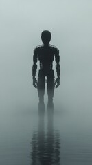 Canvas Print - Man in a robot costume stands in a foggy, misty lake. The scene is eerie and unsettling