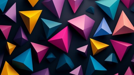 Poster - Collection of abstract triangle shapes in bold colors, forming a vibrant, layered pattern with depth and sharp angles on a black background