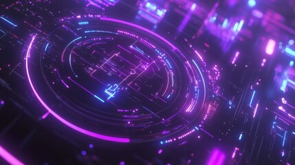 Fototapete - Futuristic radar-style circular graphic with bright neon lines and rotating elements on a dark tech-inspired background