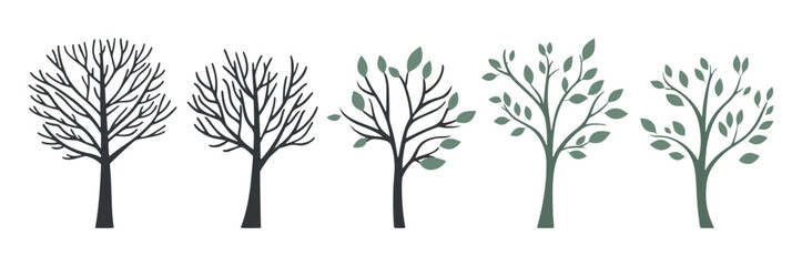 Set of tree and leaf collection hand drawn flat design vector element. botanical set of bare trees and ones with leaves and lush green