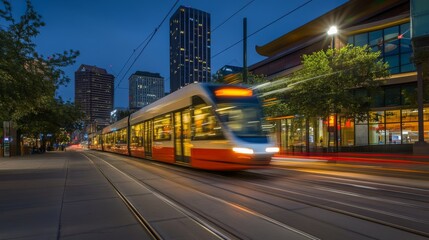 Aufkleber - Long exposure of a futuristic train moving quickly on rails, with glowing streaks of light and motion blur in a modern city