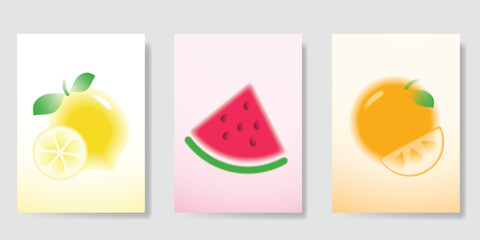 Wall Mural - abstract colorful gradient fruit card background set. minimalist poster with berry, cherry, dot half