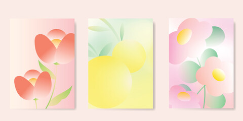 Wall Mural - abstract colorful gradient fruit card background set. minimalist poster with berry, cherry, dot half