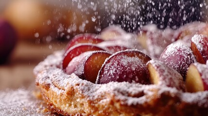 Wall Mural - Plum tart dusted with powdered sugar, visibly fresh and delicious