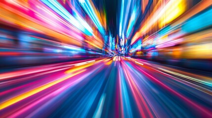 Aufkleber - Rows of colorful neon lights in a busy cityscape at night, blurring slightly to create a vibrant, bustling ambiance