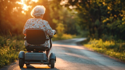 Wall Mural - assistive technology for seniors shown by an elderly woman using a mobility scooter equipped with gp