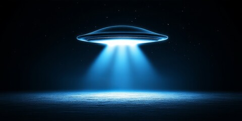 Wall Mural - blue ufo is hovering over a dark background. the blue light from the ufo is shining on the ground