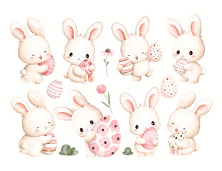 Wall Mural - Watercolor Illustration Set of Easter Bunny with Easter Eggs