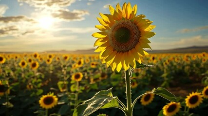 Wall Mural - Sunflowers bloom under a golden sky at sunset in a vast field