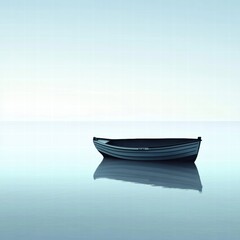 Fototapete - Serene boat silhouette on calm water with soft reflections and ample copy space for text. Generative AI