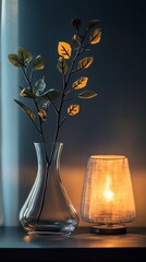 Poster - A serene arrangement featuring a glass vase with yellow leaves next to a glowing lamp, creating a warm and inviting atmosphere for any interior space.