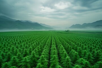 Lush Hemp Field on a Misty Mountainside