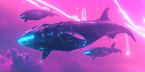 Wall Mural - group of four blue and white whale-like creatures flying through space. the image has a futuristic