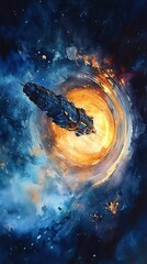 Wall Mural - spaceship is flying through space and is about to enter a black hole. the image has a sense of dange