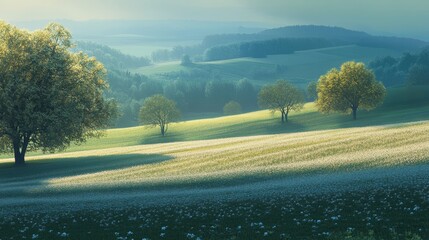 Wall Mural - Tranquil morning scene of rolling hills and sunlit trees in a misty countryside, capturing the peaceful essence of nature.