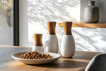 stock photo features a modern dining room with a wooden family table, contemporary chairs, and a plate of nuts, alongside salt and pepper shakers, set against a white wall and concrete floor