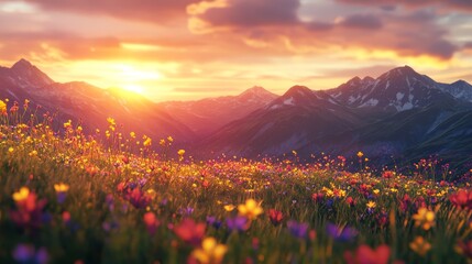 Wall Mural - Breathtaking view of a colorful wildflower meadow at sunset with mountains in the distance, capturing nature's beauty.