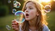 © Premium Illustration - Carefree friend blowing bubbles their iridescent forms floating above campsite , Professional stock photo, AI generated photograph