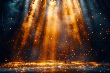 Wall Mural - A dazzling stage illuminated by golden rays and sparks creates a captivating background for a stock photo