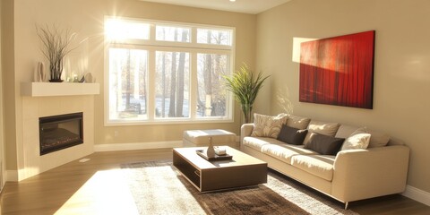 Poster - Sunlit modern living room with large windows, cozy furniture, and contemporary decor in warm tones.