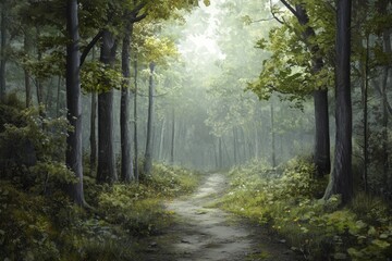 Poster - Forest path with trees on either side. The path is narrow and surrounded by trees