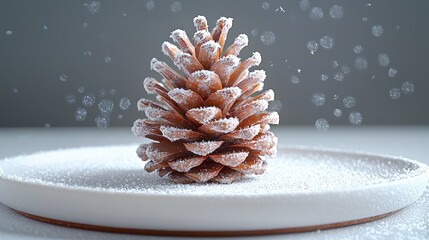 Winter Wonderland: A Snow-Covered Pine Cone on a Plate