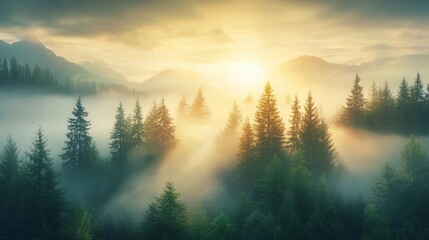 Wind turbines surging above a lush forest at dawn gigapixel quality scenic landscape nature's harmony aerial viewpoint renewable energy concept