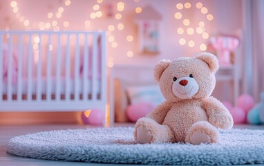 Wall Mural - A delightful scene in a children's playroom, showcasing a cuddly teddy bear on a soft rug, surrounded by playful decorations, a crib in the background