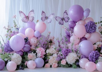 Wall Mural - A large display of pink and purple balloons with butterflies on them