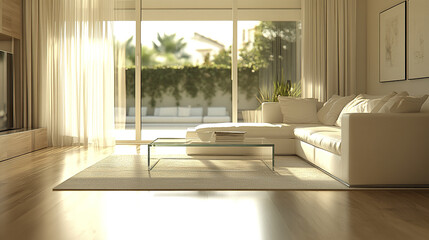 Poster - Bright and modern living room with white sofa and glass table