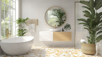 Wall Mural - Bright mid century modern bathroom with white walls and plants