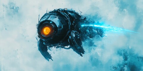 Wall Mural - a blue and orange spaceship is flying through the sky. the spaceship is surrounded by a blue and whi