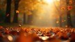 © Premium Illustration - Autumn orange leaves falling forest floor with soft sunlight background perfect for seasonal greeting card, nature wallpaper, Thanksgiving celebration, warm cozy atmosphere, blurred trees, golden hue