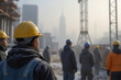 ©  VladaToday - Construction workers on urban building site with foggy skyline