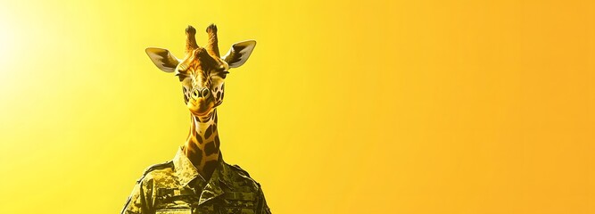 A giraffe in a military uniform with a yellow sunny backdrop and large empty area for text