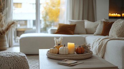 Canvas Print - Cozy living room with autumn decor and soft earthy tones