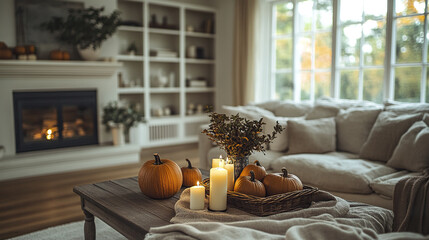 Canvas Print - Cozy living room with autumn decor and soft earthy tones