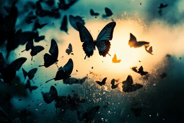 Wall Mural - Group of butterflies flying in the sky. Concept of freedom and beauty as the butterflies soar through the air