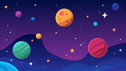 Wall Mural - colorful planets orbiting in the dark sky with bright stars and nebula clouds.