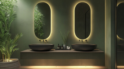 Sticker - Elegant green bathroom with wooden floating vanity and oval mirrors