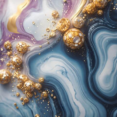 Aufkleber - Smooth waves of marble combining lilac and blue shades surround a scattering of golden spheres and gemstones. Glitter and crystals add a luxurious sheen to the composition